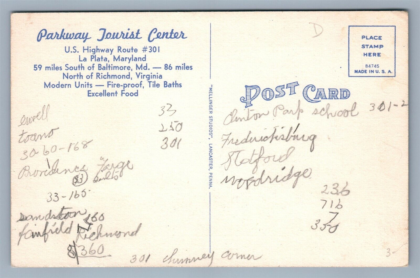 LA PLATA MD PARKWAY TOURIST CENTER ADVERTISING VINTAGE POSTCARD