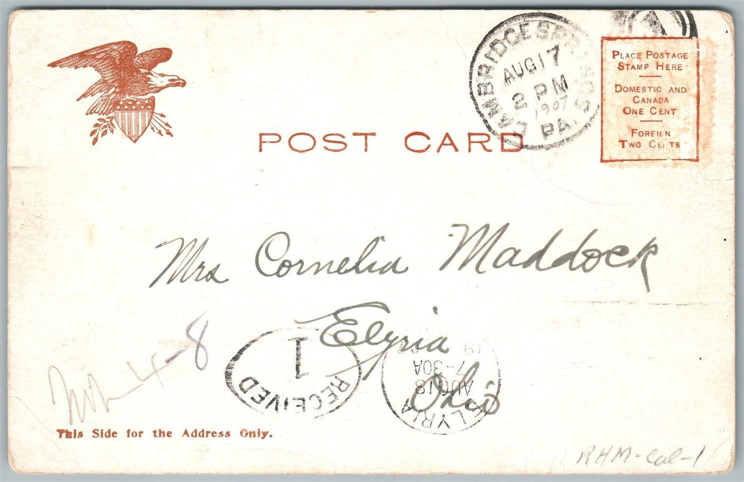 CAMBRIDGE SPRINGS PA RIVERSIDE HOTEL 1907 UNDIVIDED ANTIQUE POSTCARD