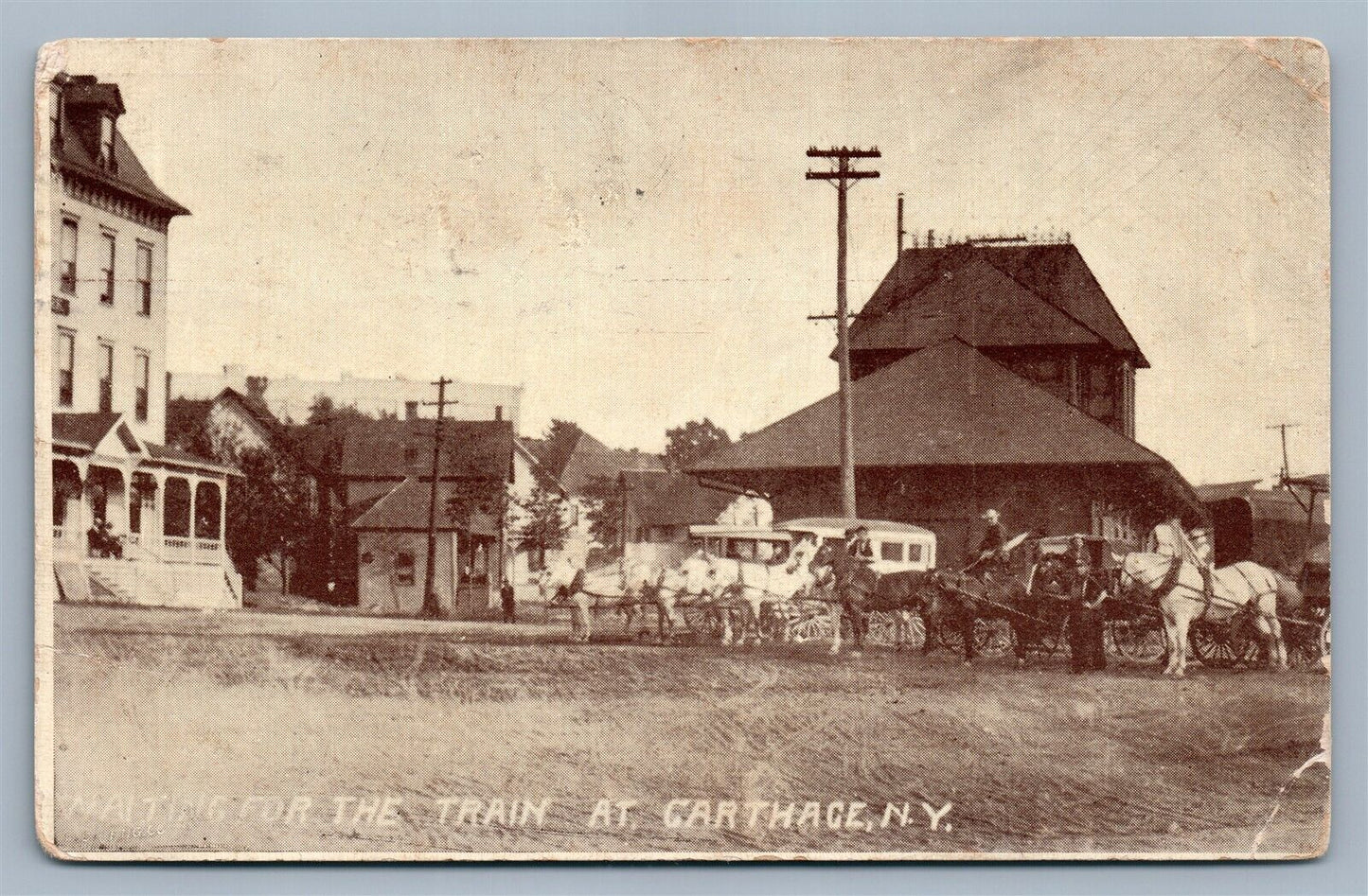 CARTHAGE NY RAILROAD STATION WAITING FOR TRAIN ANTIQUE POSTCARD railway depot