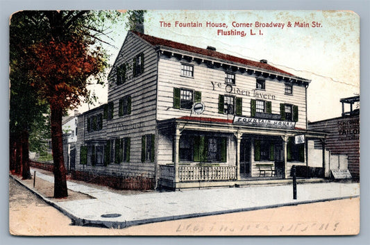 FLUSHING LI NY FOUNTAIN HOME BROADWAY & MAIN STREET ANTIQUE POSTCARD