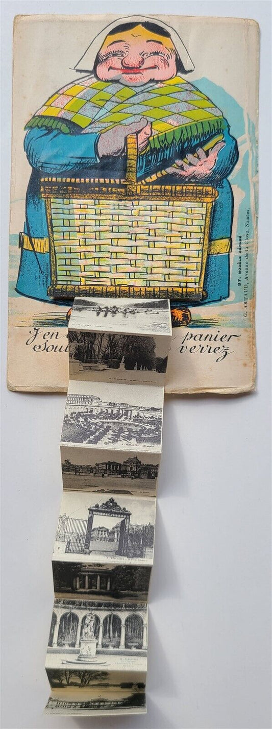 FRENCH ANTIQUE COMIC POSTCARD OLD LADY w/ FOLDING MINIATURE VIEWS of VERSAILLES