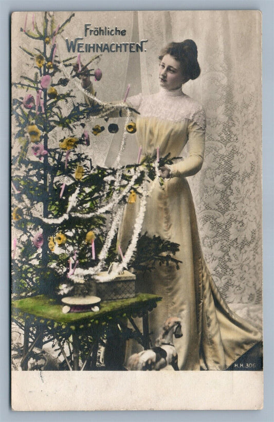 CHRISTMAS TREE DECORATING ANTIQUE REAL PHOTO POSTCARD RPPC