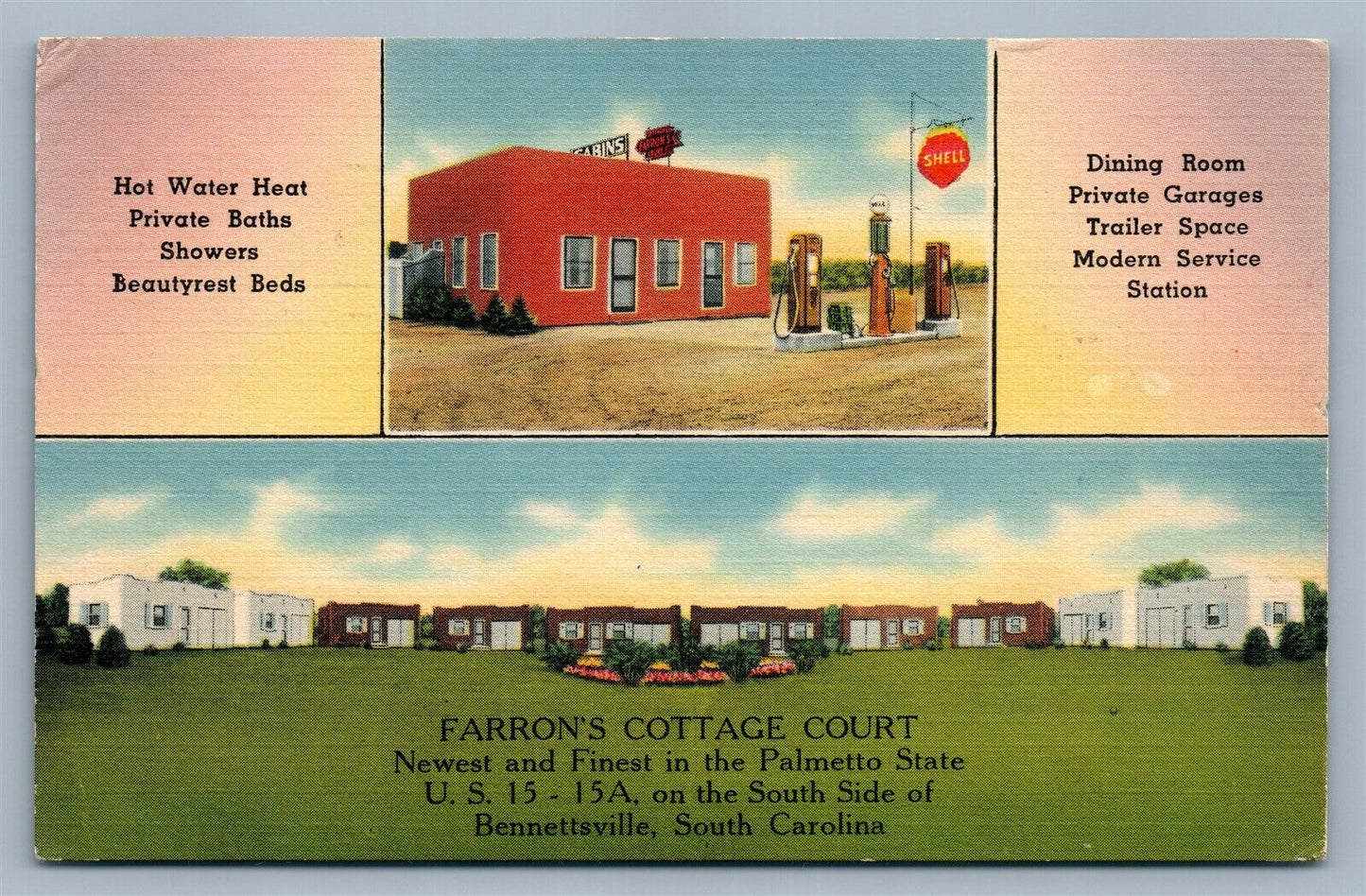 BENNETTSVILLE SC SHELL GAS STATION FARRON'S COTTAGE COURT 1942 VINTAGE POSTCARD