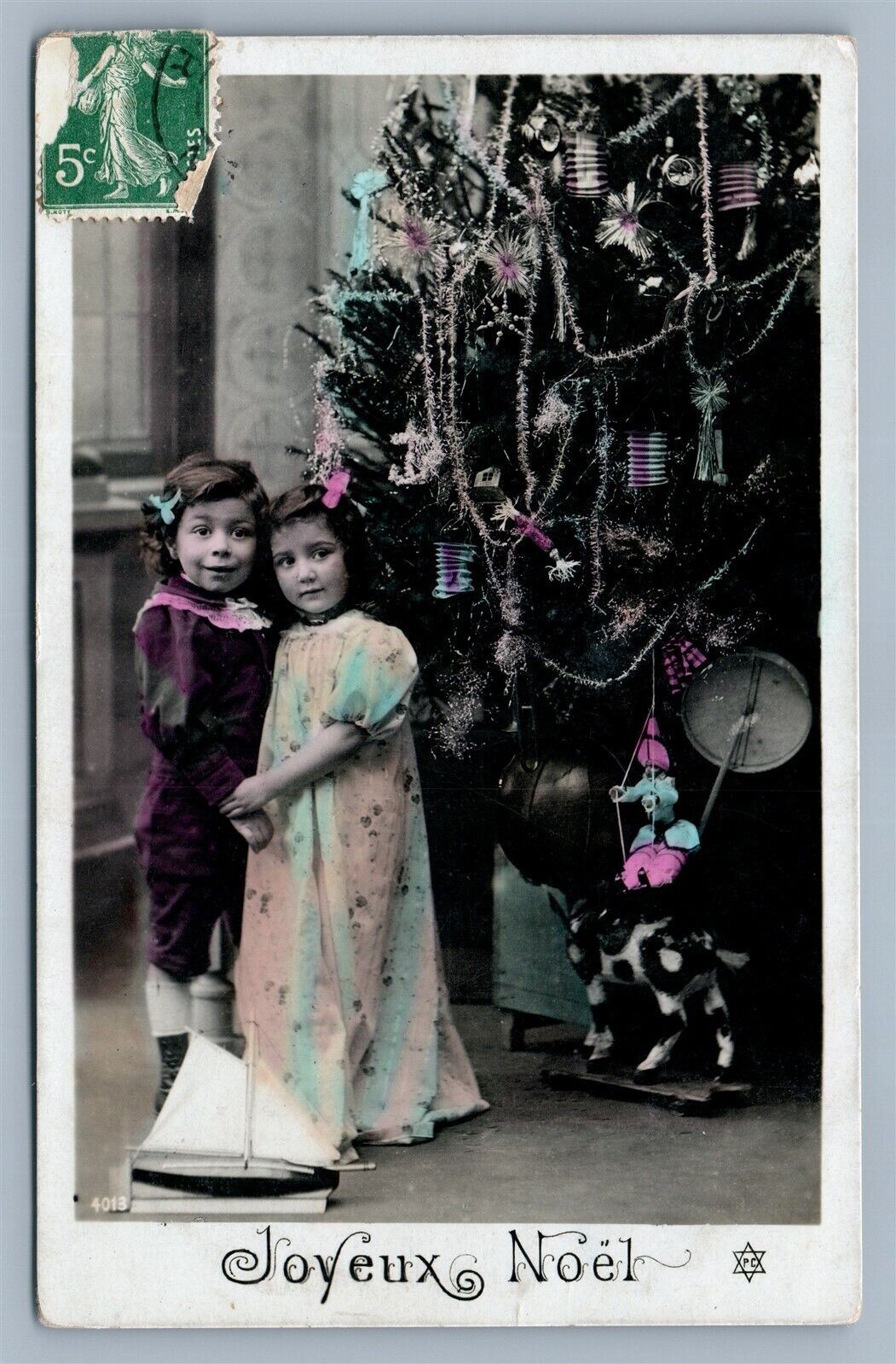 KIDS w/ TOYS UNDER CHRISTMAS TREE ANTIQUE REAL PHOTO POSTCARD RPPC