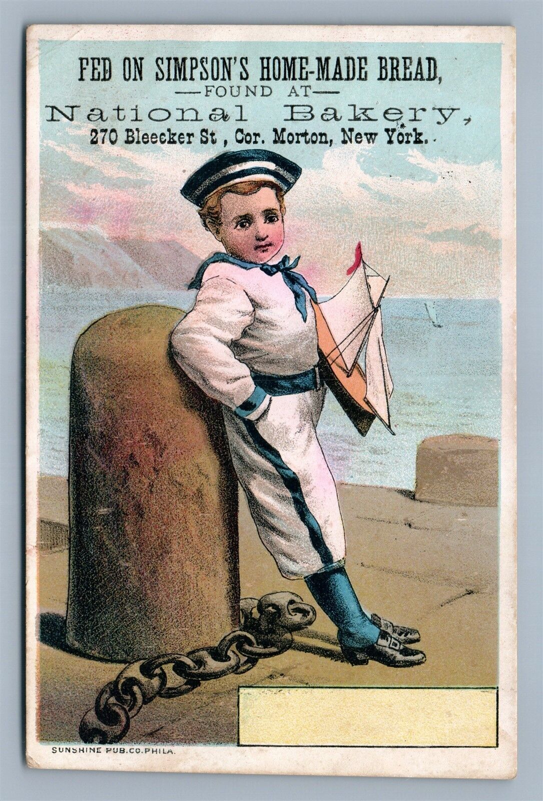 VICTORIAN TRADE CARD NATIONAL BAKERY NEW YORK SIMPSON'S HOME-MADE BREAD sail boy