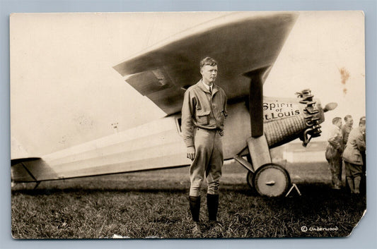 AVIATOR CHARLES LINDBERGH w/ his AEROPLANE ANTIQUE REAL PHOTO POSTCARD RPPC