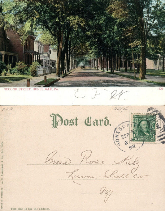 HONESDALE PA SECOND STREET 1907 UNDIVIDED ANTIQUE POSTCARD w/ CORK CANCEL