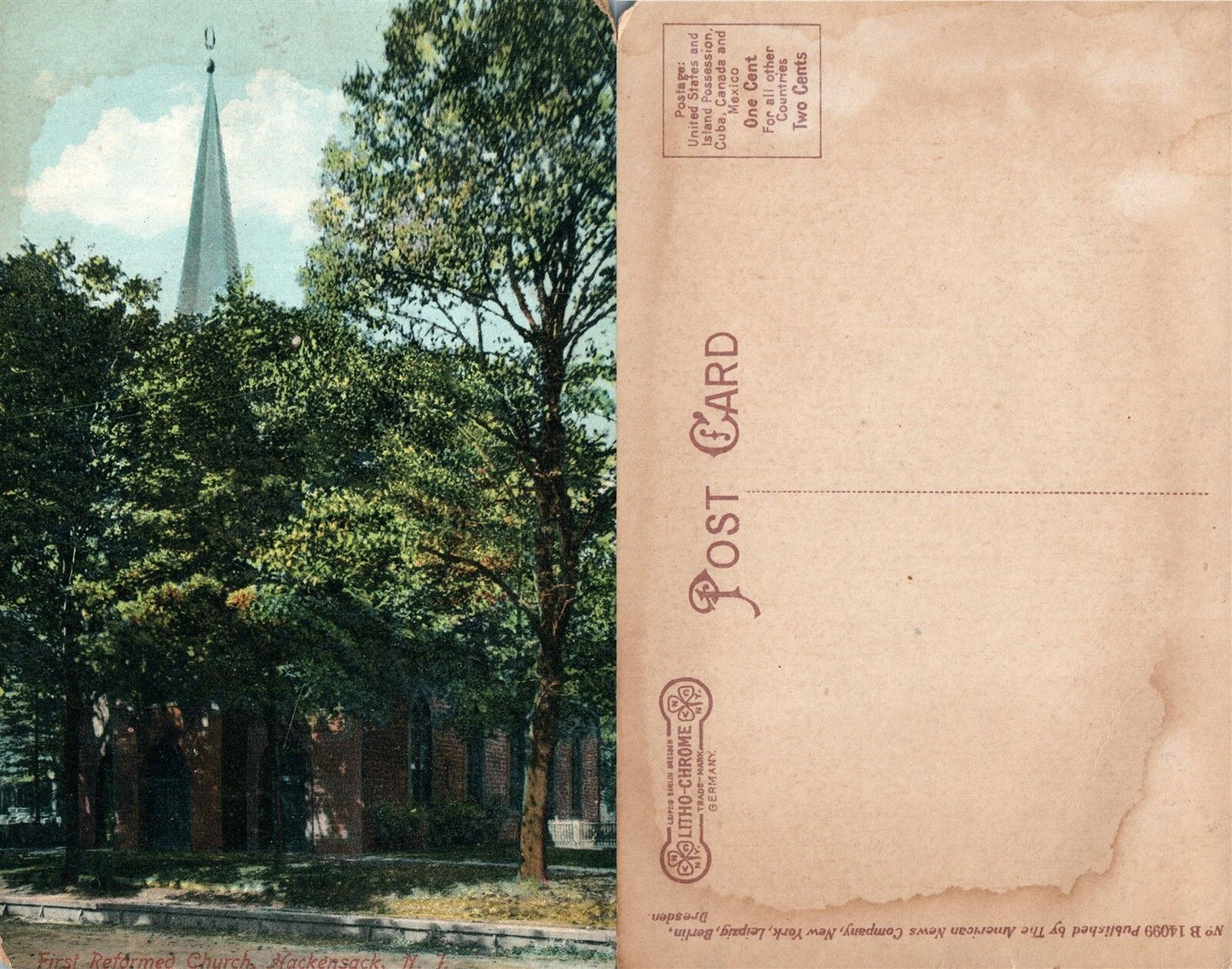 HACKENSACK N.J. FIRST REFORMED CHURCH ANTIQUE POSTCARD