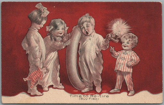 KIDS w/ TOY DOLL TIME TO RE-TIRE (BUY FISK) ANTIQUE POSTCARD