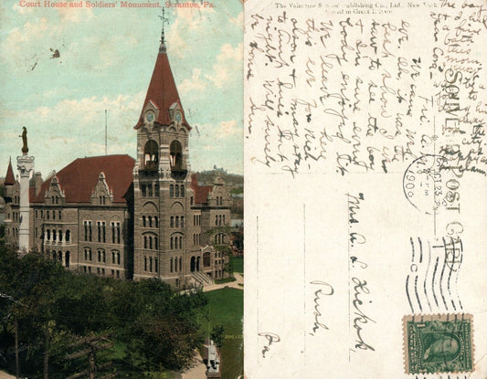 SCRANTON PA COURT HOUSE & SOLDIER'S MONUMENT 1909 ANTIQUE POSTCARD