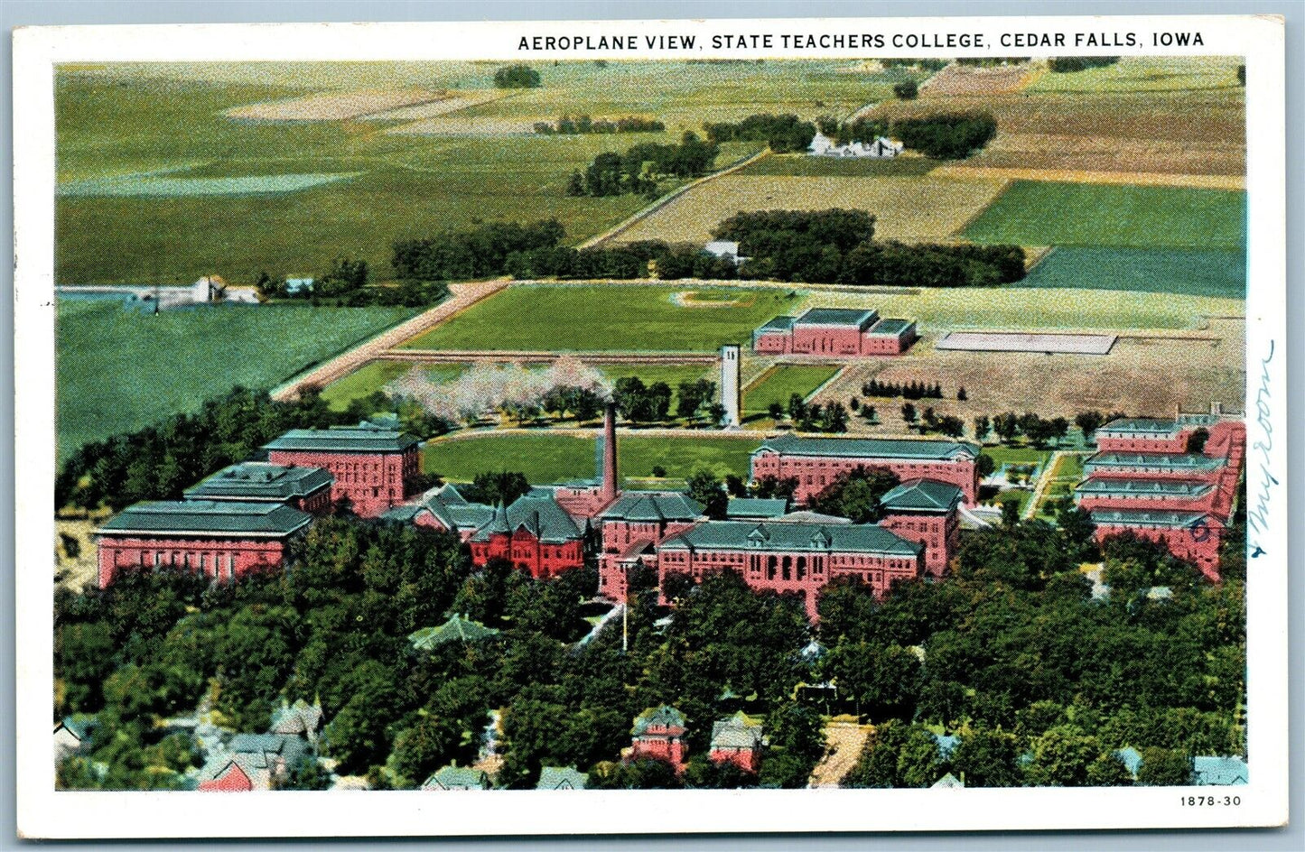 CEDAR FALLS IA AEROPLANE VIEW STATE TEACHERS COLLEGE ANTIQUE POSTCARD