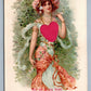 VALENTINE ANTIQUE POSTCARD LADY w/ SILK HEART