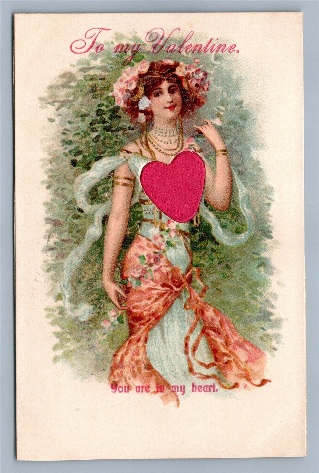 VALENTINE ANTIQUE POSTCARD LADY w/ SILK HEART