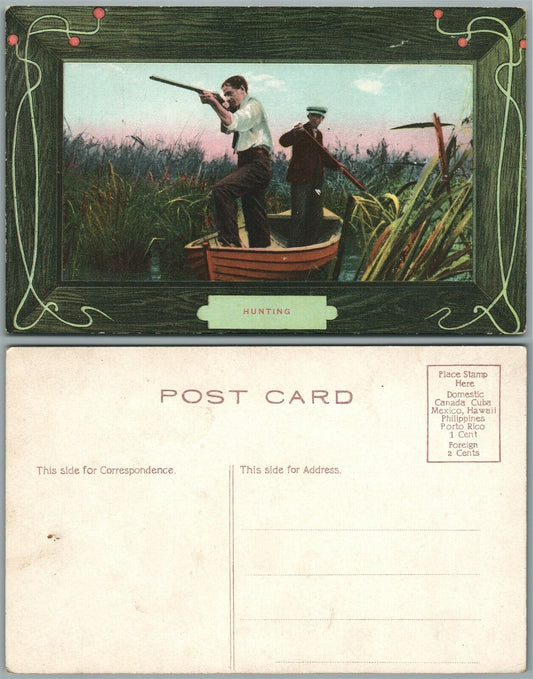 HUNTING MEN w/ RIFLE IN THE BOAT ANTIQUE POSTCARD