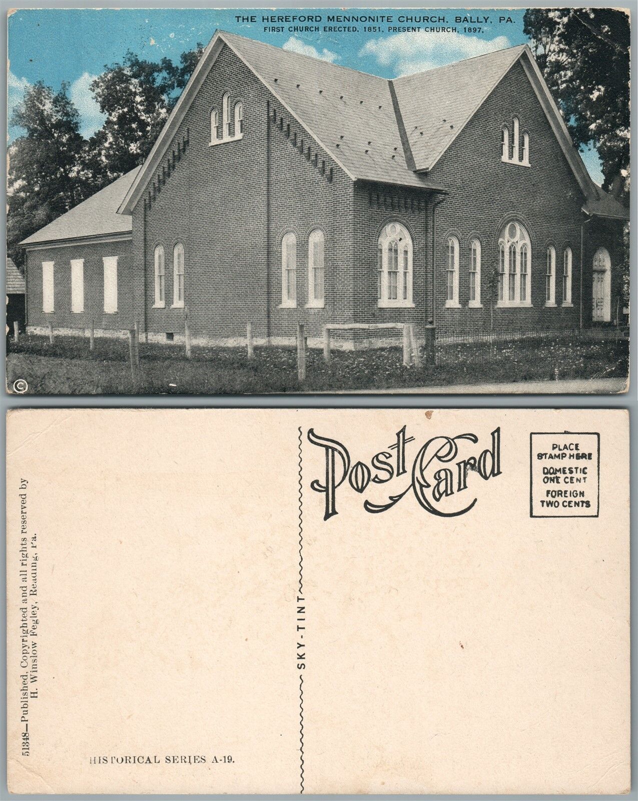 BALLY PA HEREFORD MENNONITE CHURCH ANTIQUE POSTCARD