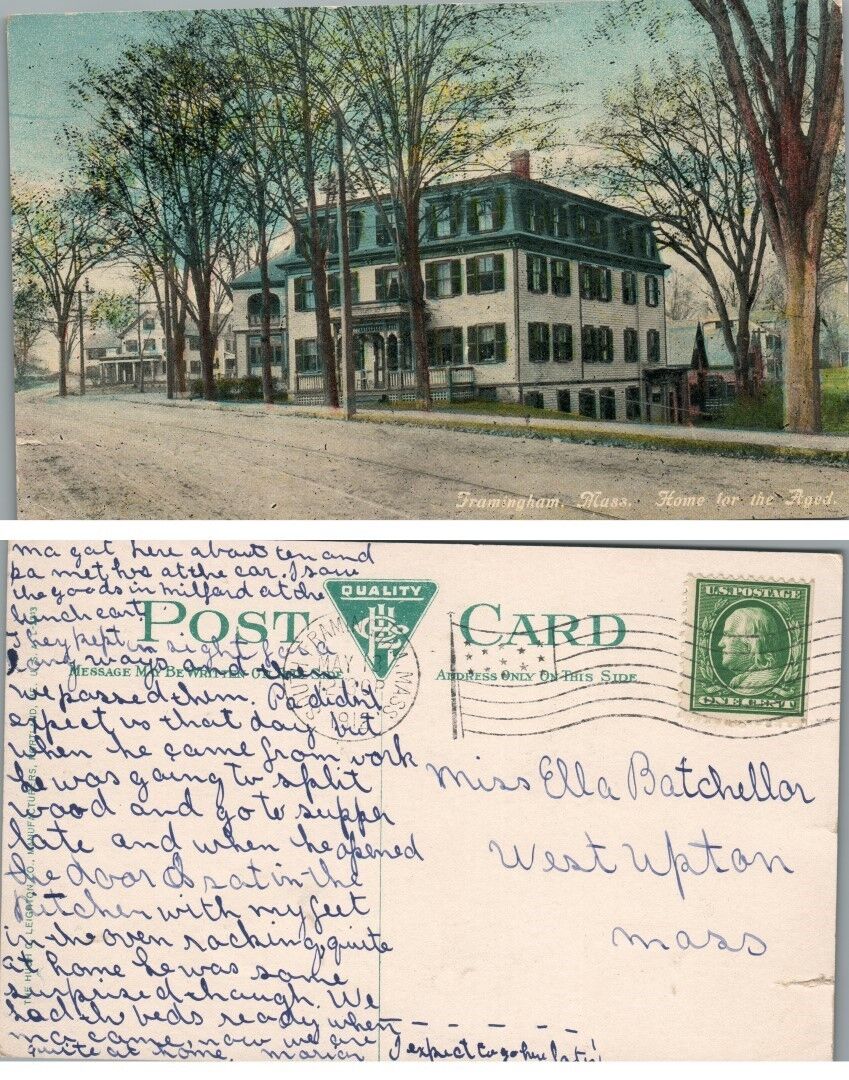FRAMINGHAM MA HOME FOR THE AGED 1912 ANTIQUE POSTCARD