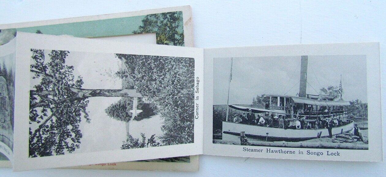 VINTAGE FOLDING POSTCARD STR. LONGFELLOW GOING THROUGH SONGO LOCK MAINE