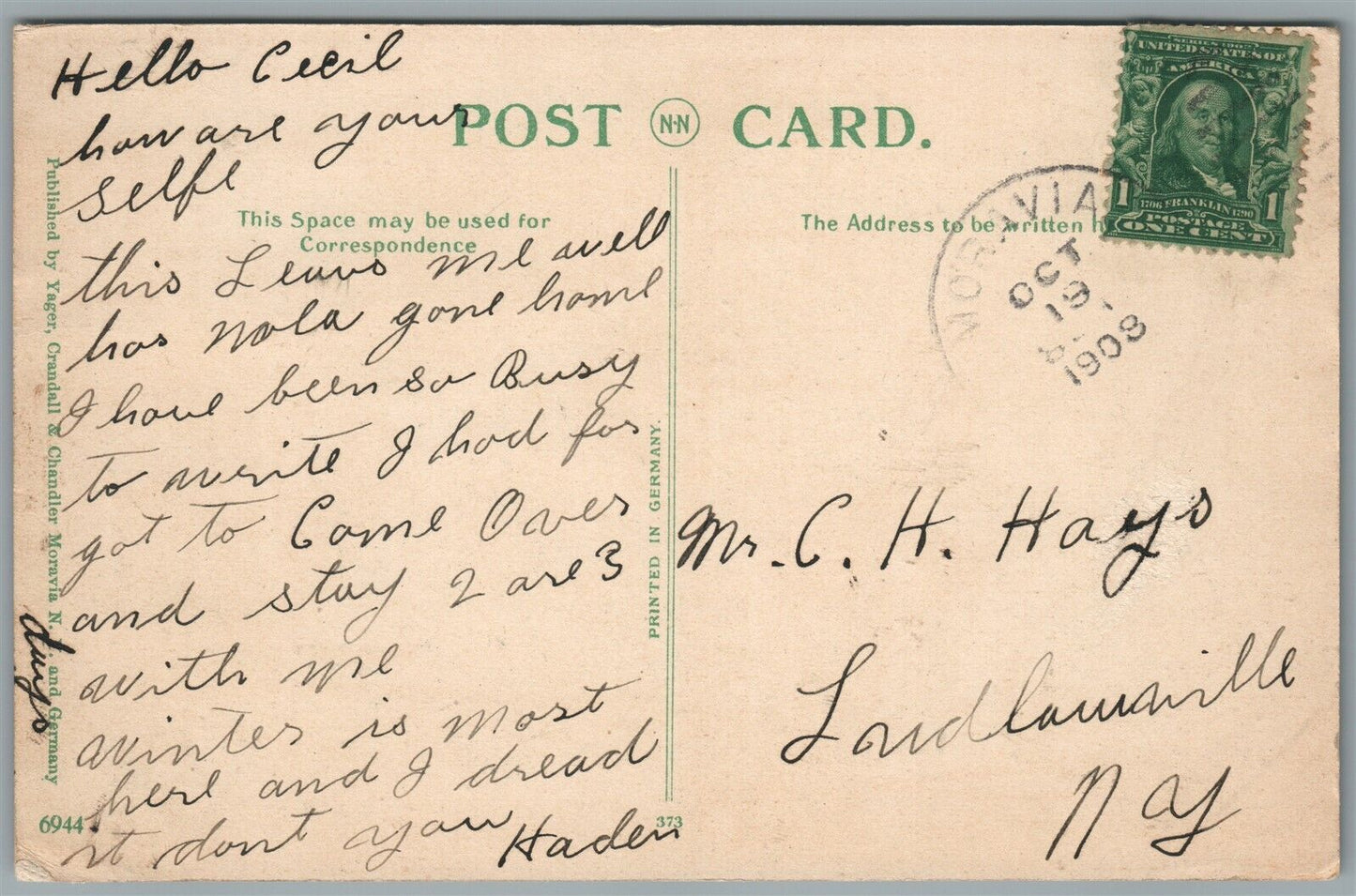 MORAVIA NY BAPTIST & M.E. CHRCHES ANTIQUE POSTCARD