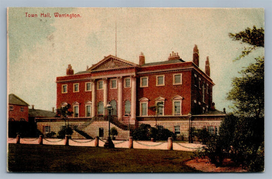 ENGLAND WARRINGTON TOWN HALL ANTIQUE POSTCARD w/ STAMP