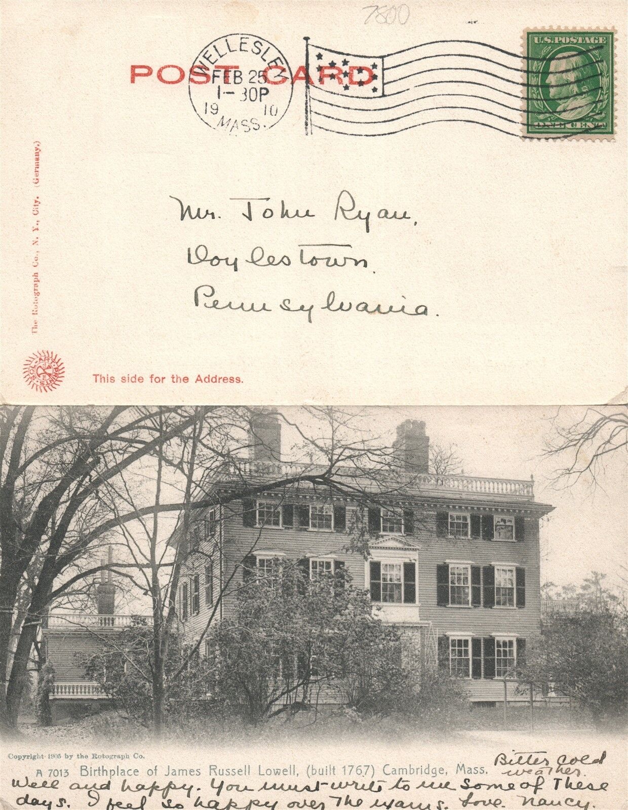 CAMBRIDGE MA BIRTHPLACE OF JAMES RUSSELL LOWELL UNDIVIDED ANTIQUE POSTCARD