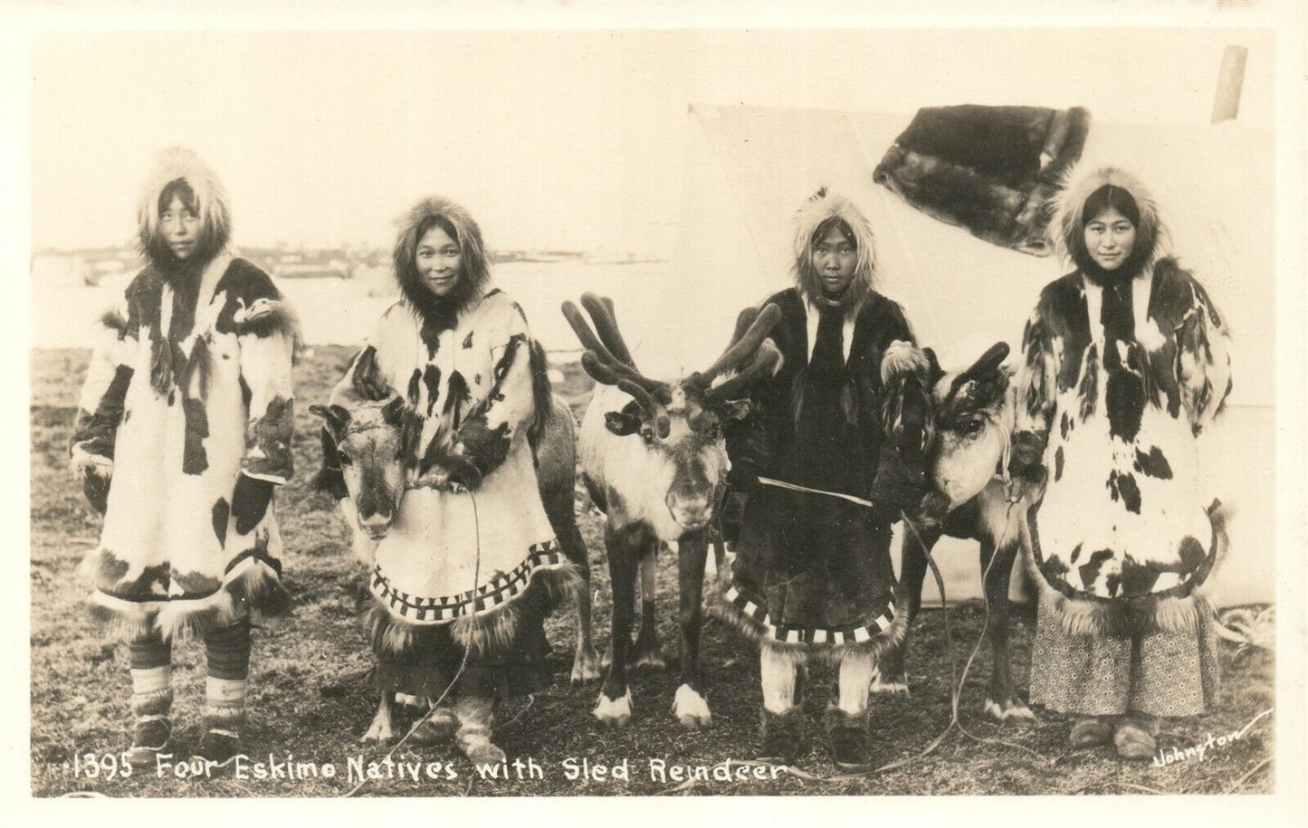 ESKIMO NATIVES w/ SLED REINDEER VINTAGE REAL PHOTO POSTCARD RPPC