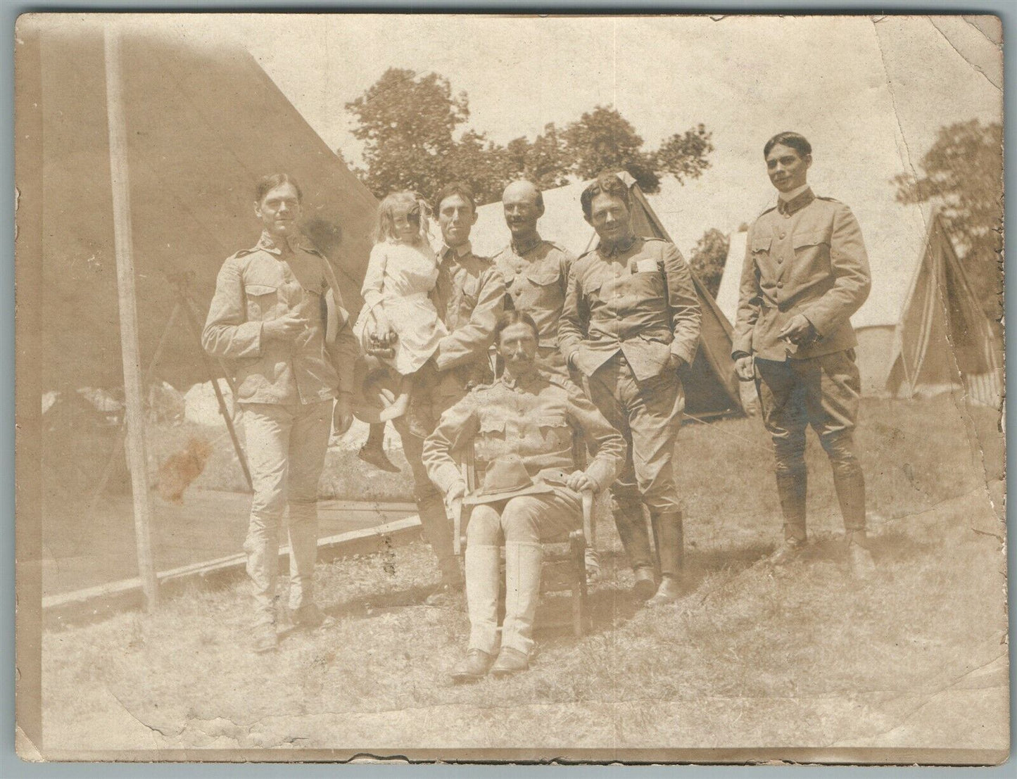 US ARMY SOLDIERS w/ little girl ANTIQUE REAL PHOTO