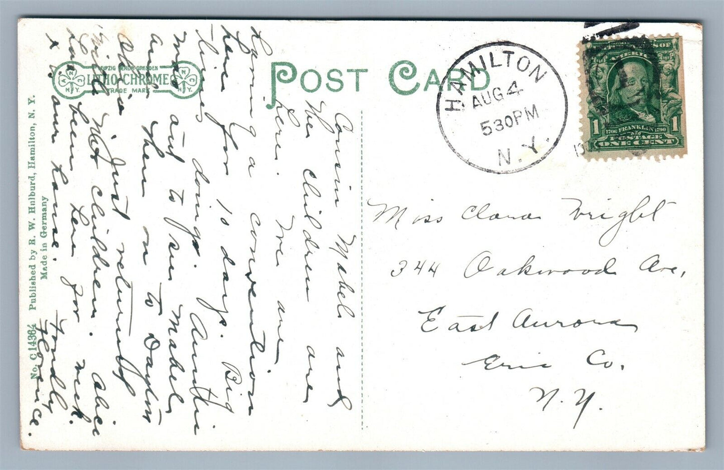 HAMILTON NY HAMILTON STREET FROM BROAD ST. ANTIQUE POSTCARD