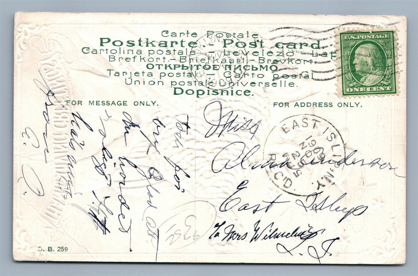 UNCLE SAM w/ TURKEY THANKSGIVING GREETINGS 1909 ANTIQUE POSTCARD PATRIOTIC