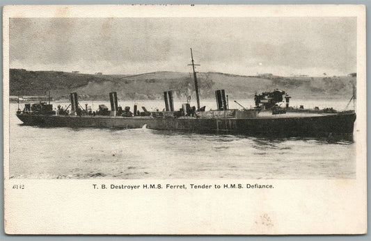 T.B. DESTROYER HMS FERRET TENDER TO HMS DEFIANCE ANTIQUE POSTCARD