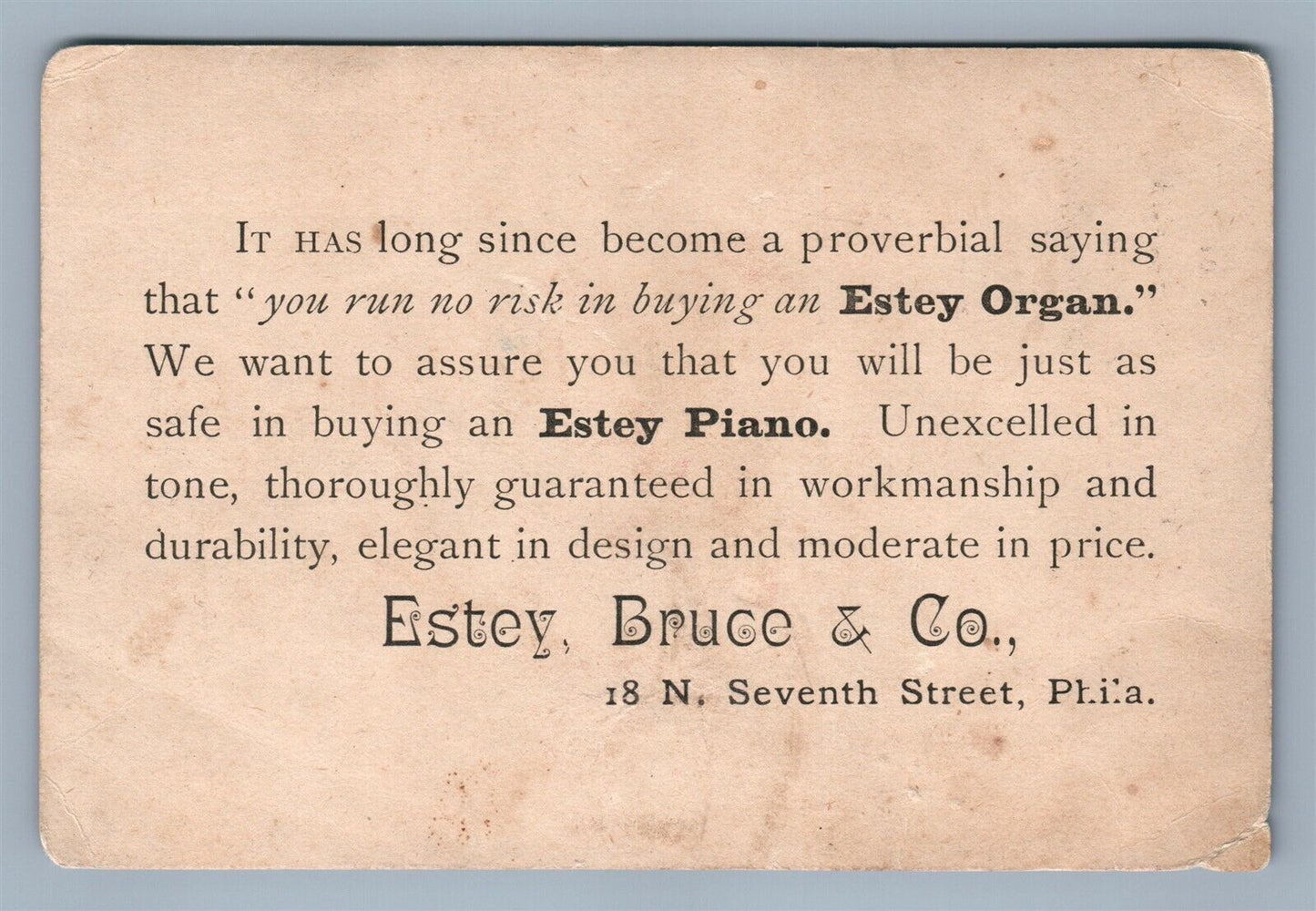 VICTORIAN TRADE CARD ESTEY BRUCE & CO. ORGANS & PIANOS PHILADELPHIA PA antique