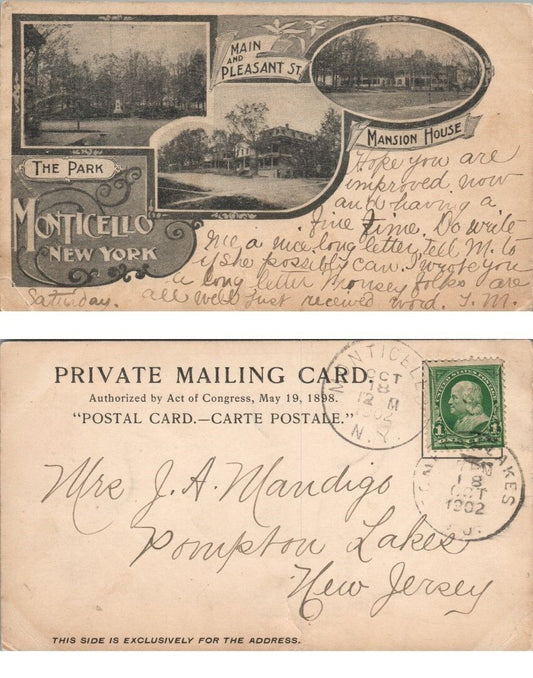 1902 PRIVATE MAILING CARD MONTICELLO N.Y. UNDIVIDED ANTIQUE POSTCARD