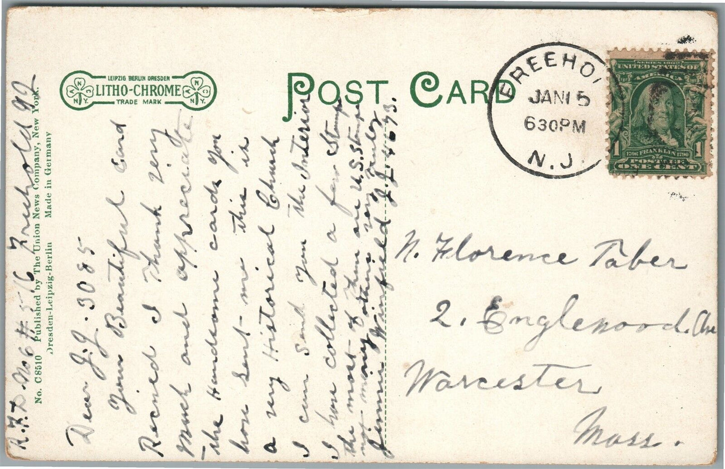 FREEHOLD NJ OLD TENNANT CHURCH CEMETERY ANTIQUE POSTCARD