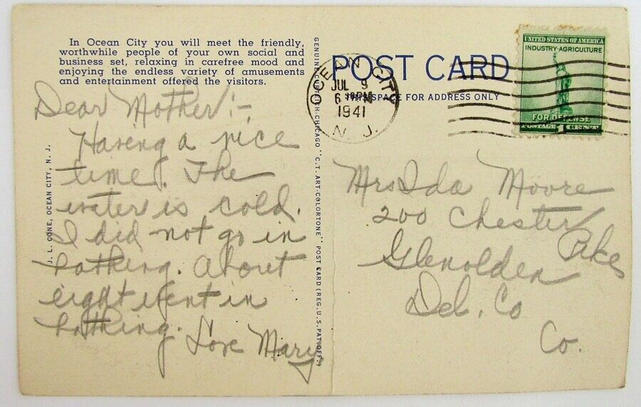 1941 VINTAGE POSTCARD 9th STREET BRIDGE & BOULEVARD OCEAN CITY N.J.