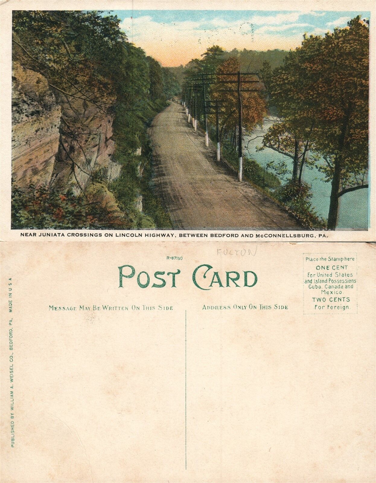 BEDFORD & McCONNELLSBURG PA LINCOLN HIGHWAY JUNIATA CROSSING ANTIQUE POSTCARD