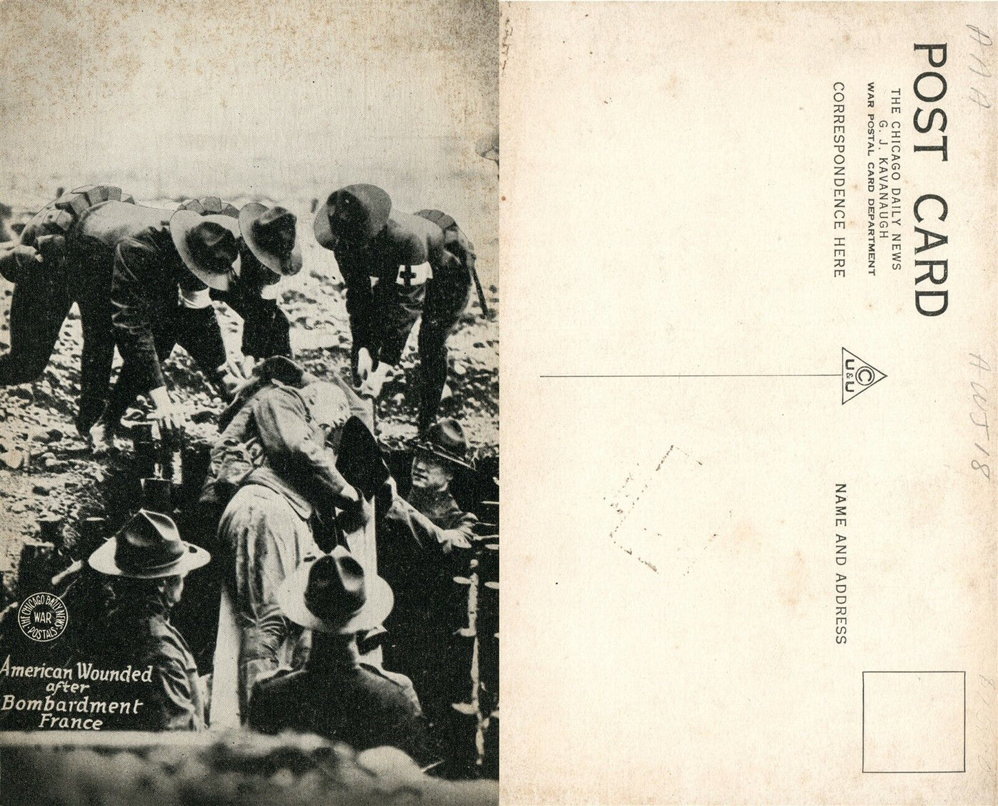 AMERICAN WOUNDED AFTER BOMBARDMENT OF FRANCE WWI RED CROSS ANTIQUE POSTCARD