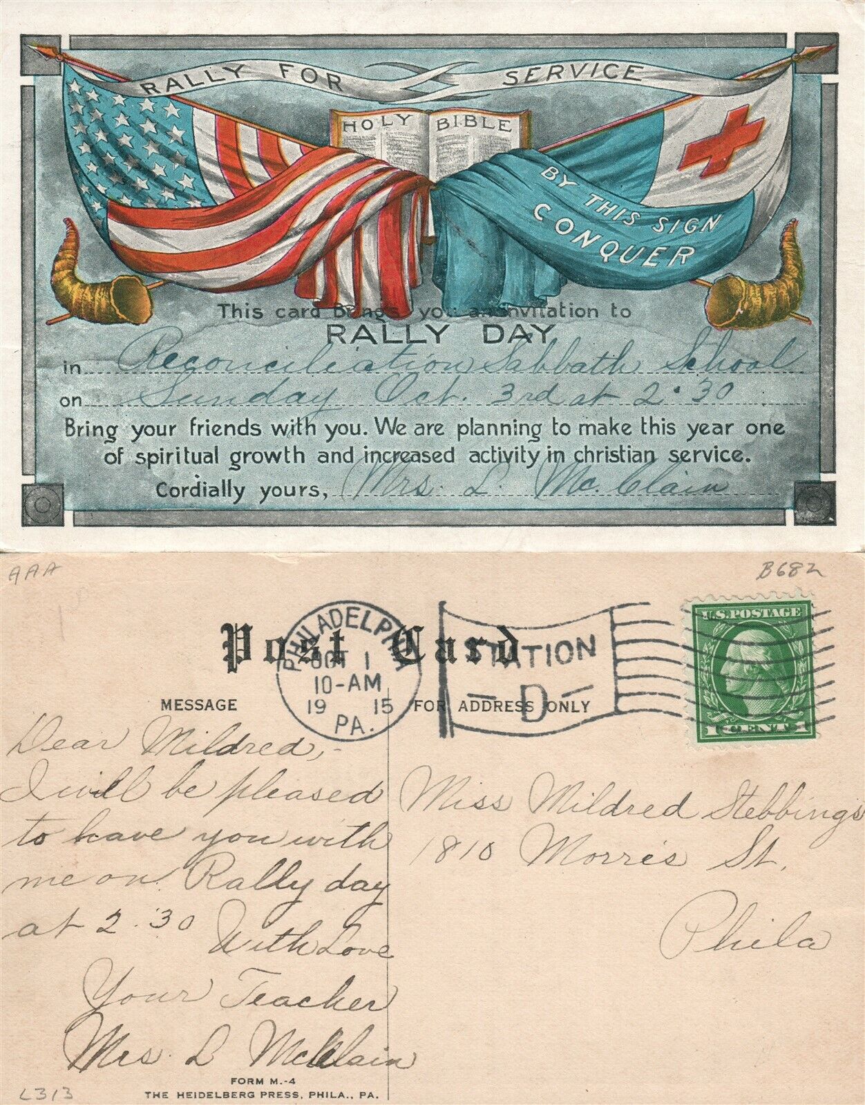 PATRIOTIC ANTIQUE 1915 RALLY DAY POSTCARD