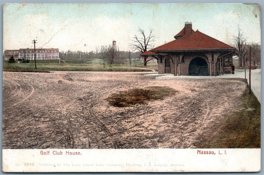 NASSAU LONG ISLAND NY GOLF CLUB HOUSE 1907 ANTIQUE POSTCARD w/ CORK CANCEL