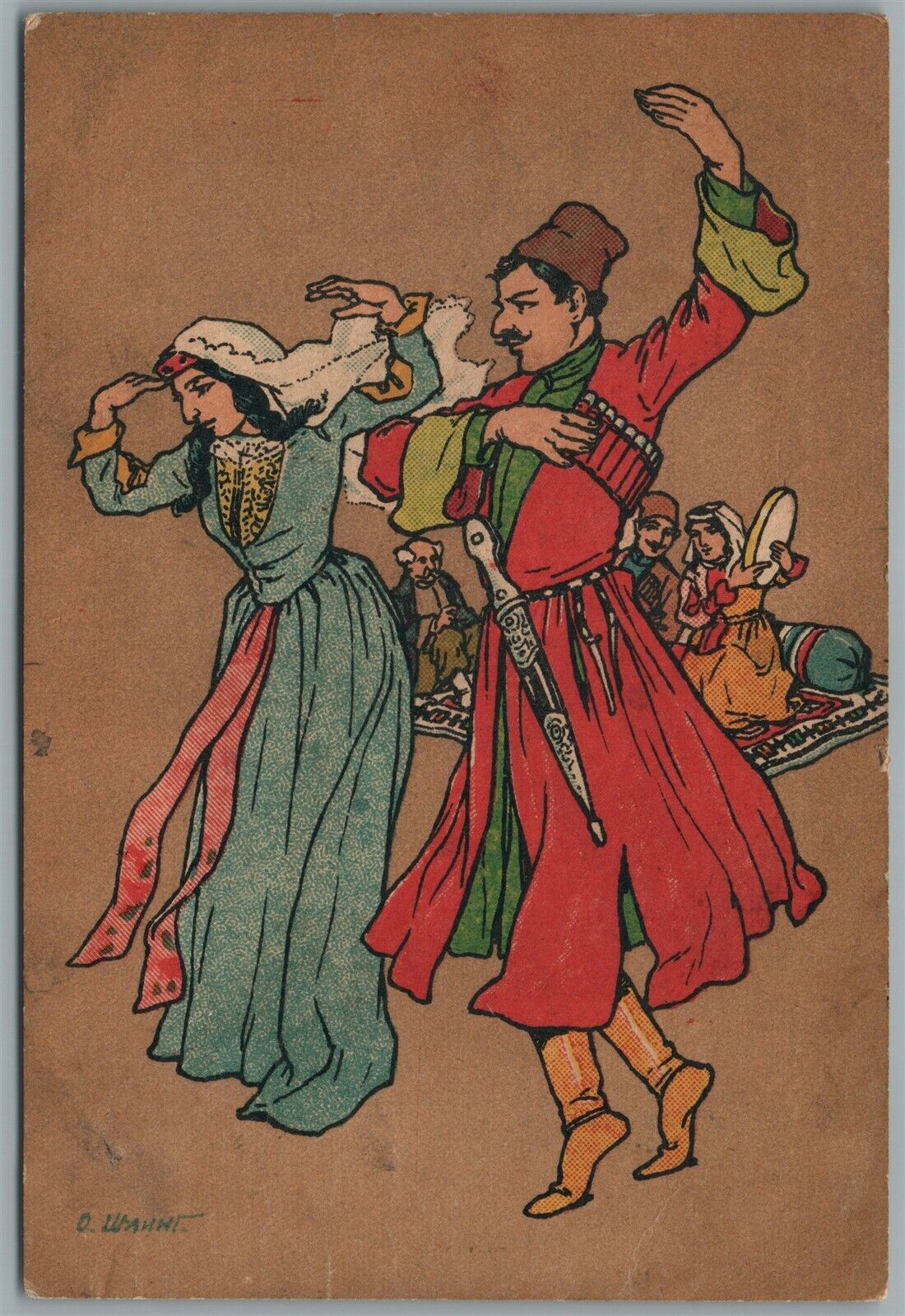 GEORGIA TIFLIS CAUCASUS LEZGINKA DANCING SIGNED ANTIQUE RUSSIAN POSTCARD