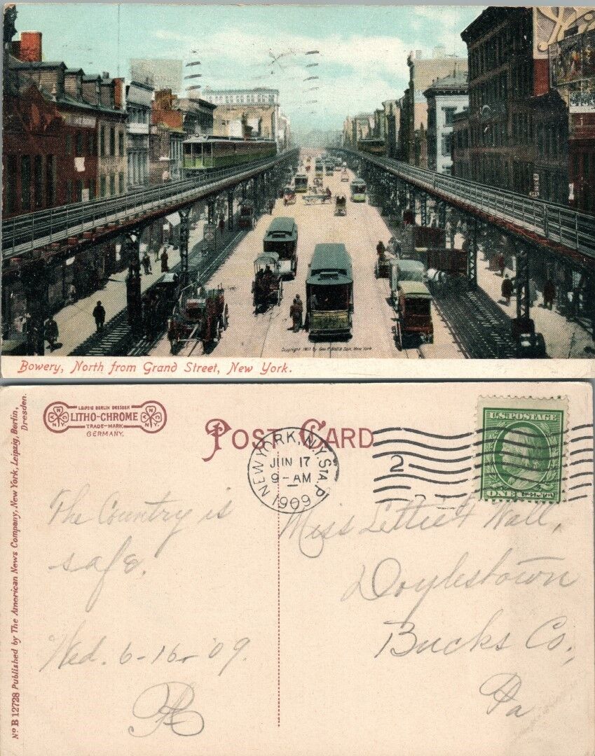 ANTIQUE 1909 POSTCARD - BOWERY NORTH FROM GRAND STREET NEW YORK