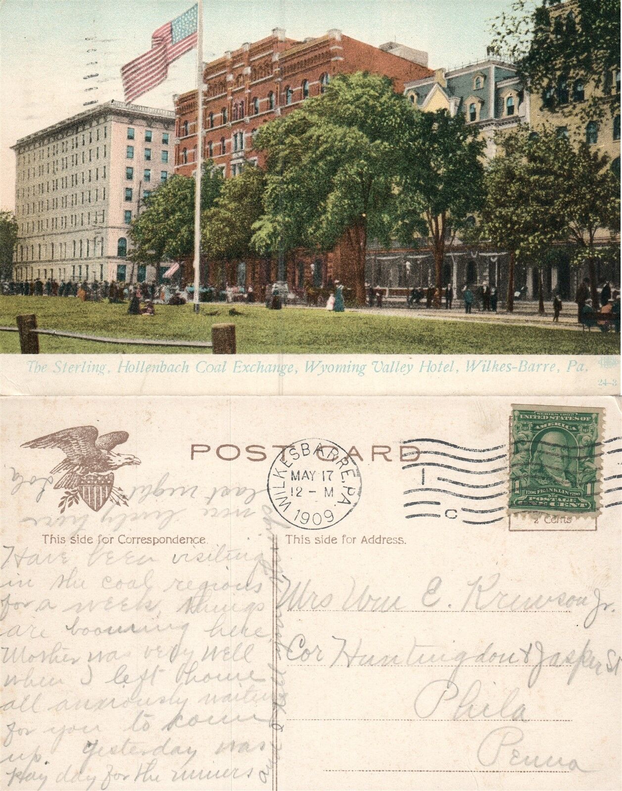 WILKES-BARRE HOLLENBACH COAL EXCHANGE WYOMING VALLEY HOTEL 1909 ANTIQUE POSTCARD