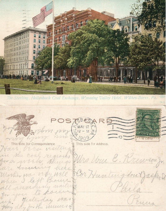 WILKES-BARRE HOLLENBACH COAL EXCHANGE WYOMING VALLEY HOTEL 1909 ANTIQUE POSTCARD
