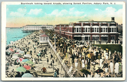 ASBURY PARK NJ BOARDWALK LOOKING TOWARD ARCADE 1926 ANTIQUE POSTCARD
