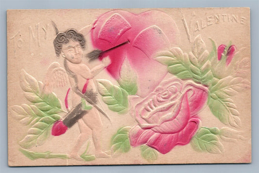 VALENTINE EMBOSSED ANTIQUE POSTCARD CUPID w/ ARROW IN FLOWERS