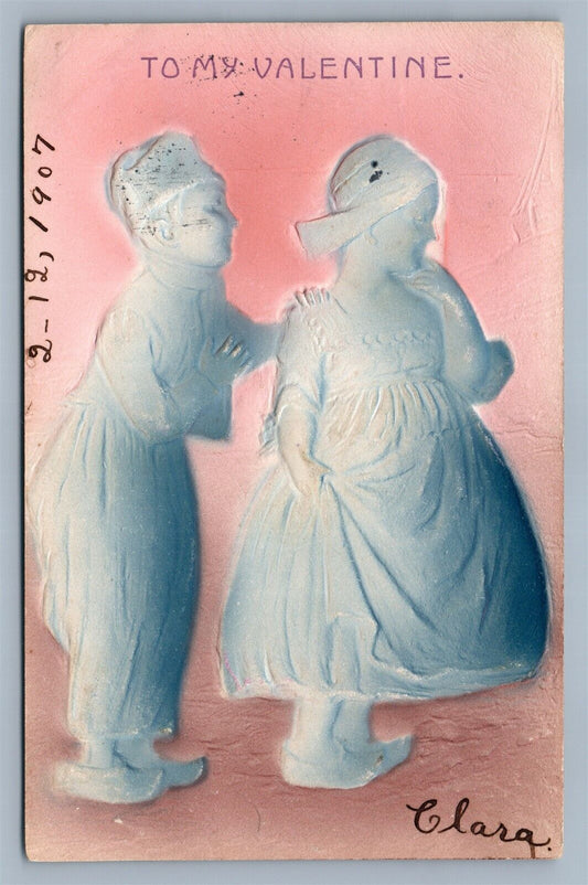 VALENTINE EMBOSSED ANTIQUE POSTCARD DUTCH COUPLE