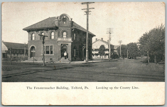 TELFORD PA RAILROAD TRAIN STATION & FENSTERMACHER DOUBLE SIDED ANTIQUE POSTCARD