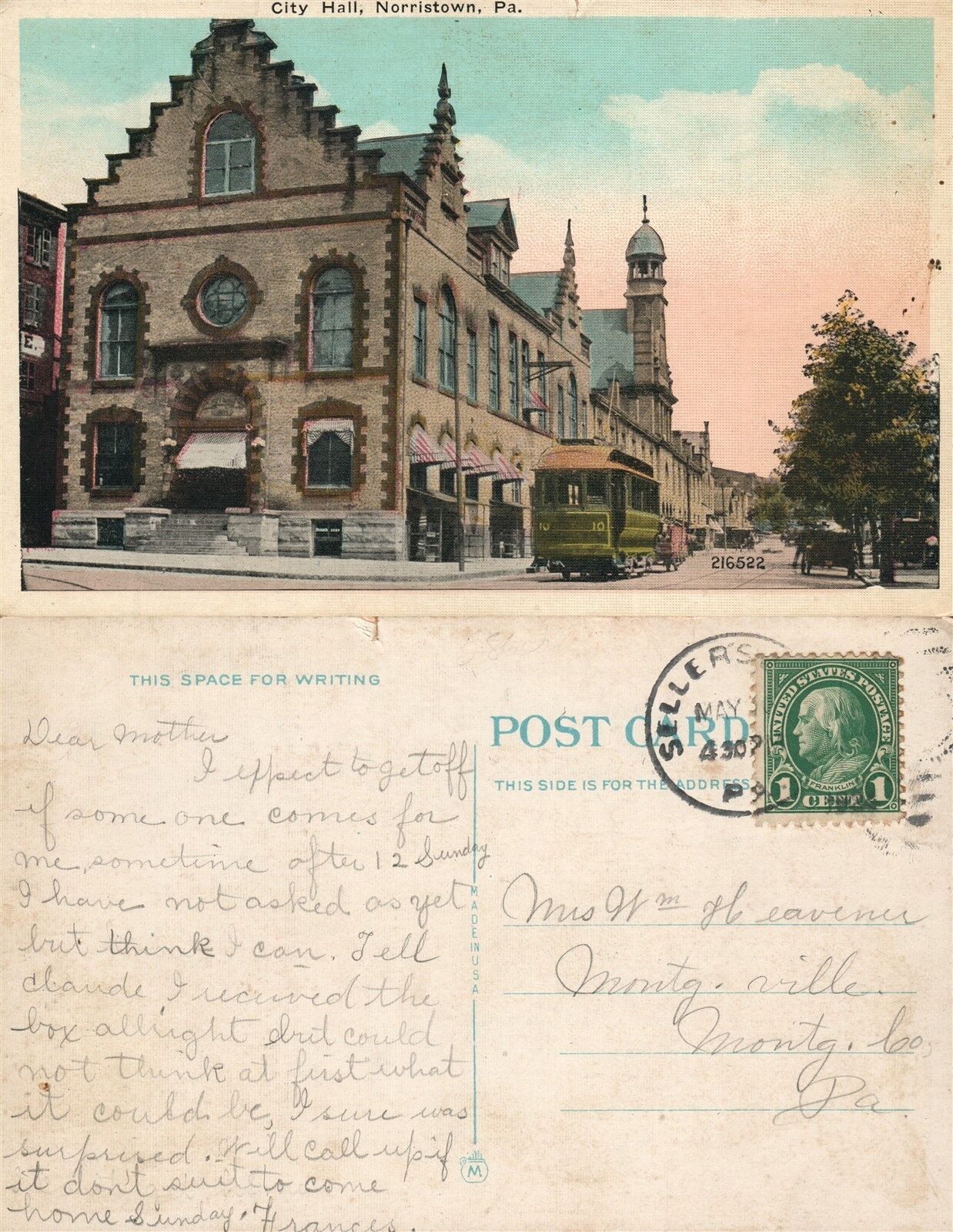NORRISTOWN PA CITY HALL ANTIQUE POSTCARD