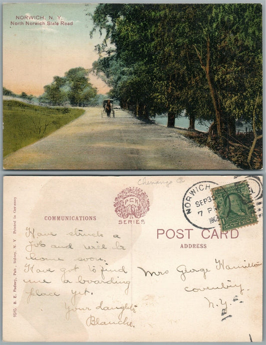 NORWICH N.Y. NORTH NORWICH STATE ROAD 1908 ANTIQUE POSTCARD