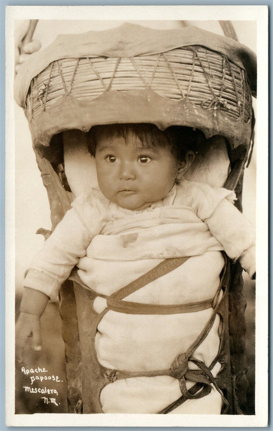 APACHE INDIAN PAPOOSE MESCALERO NEW MEXICO ANTIQUE REAL PHOTO POSTCARD RPPC