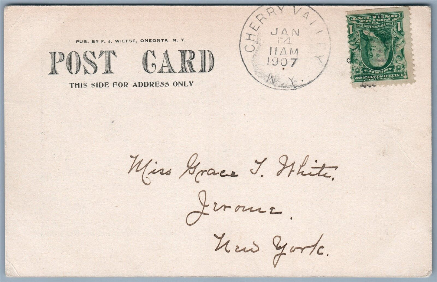 CHERRY VALLEY NY 1907 UNDIVIDED ANTIQUE POSTCARD