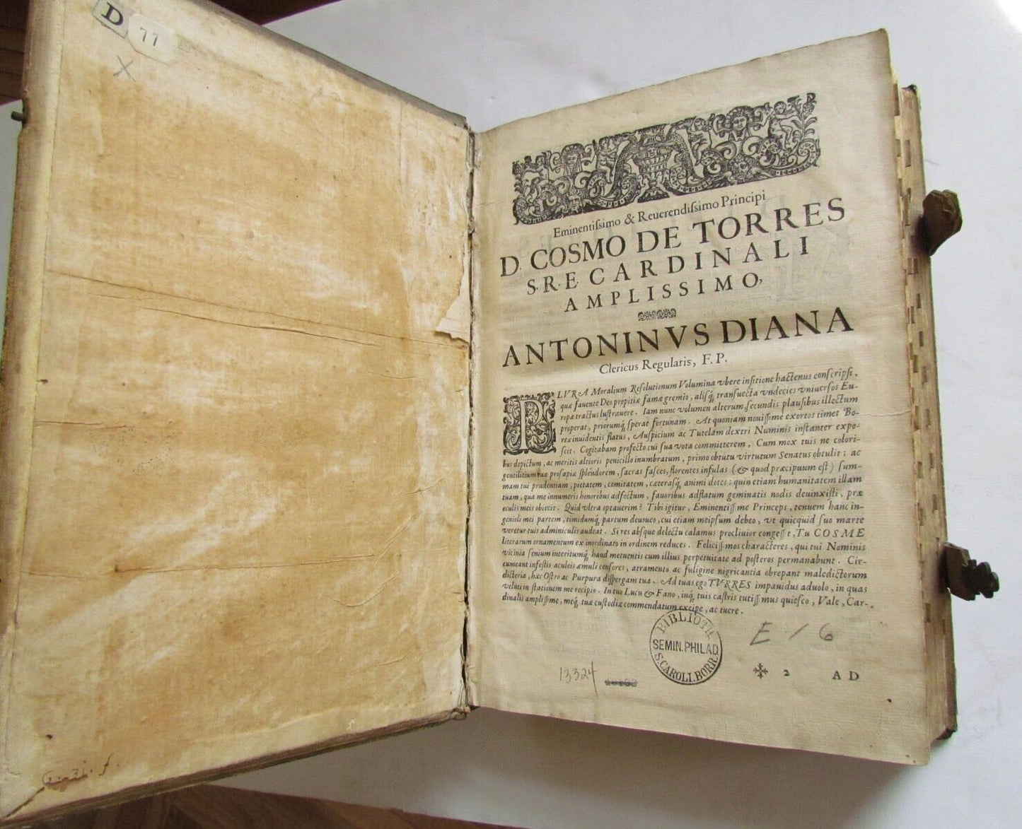 1640s ANTIQUE BLINDSTAMP PIGSKIN FOLIO ANTONINI DIANA Resolutionum Moralium